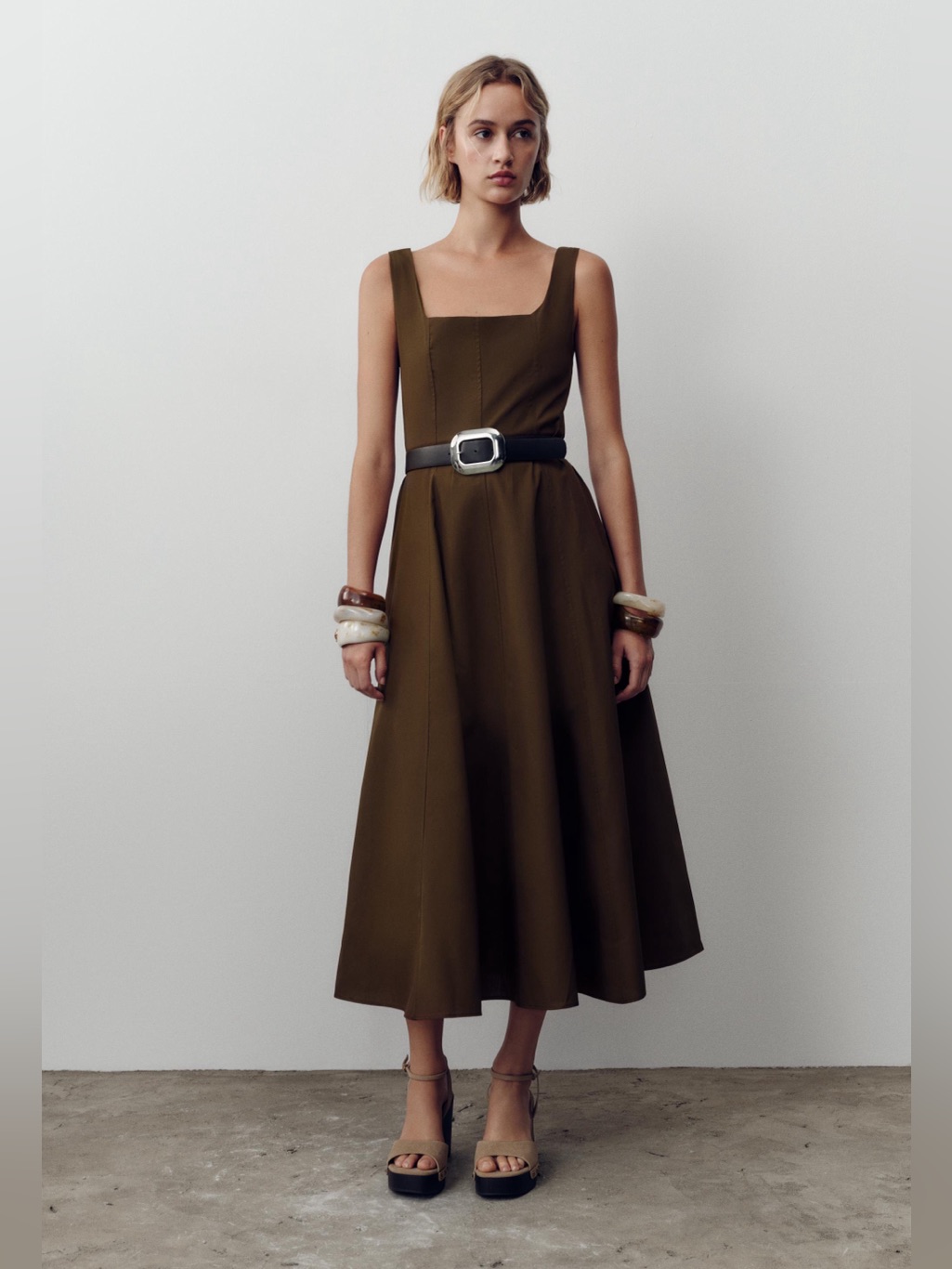Nwt. Zara Brown Cotton Midi Dress With Belt. Size Xs.